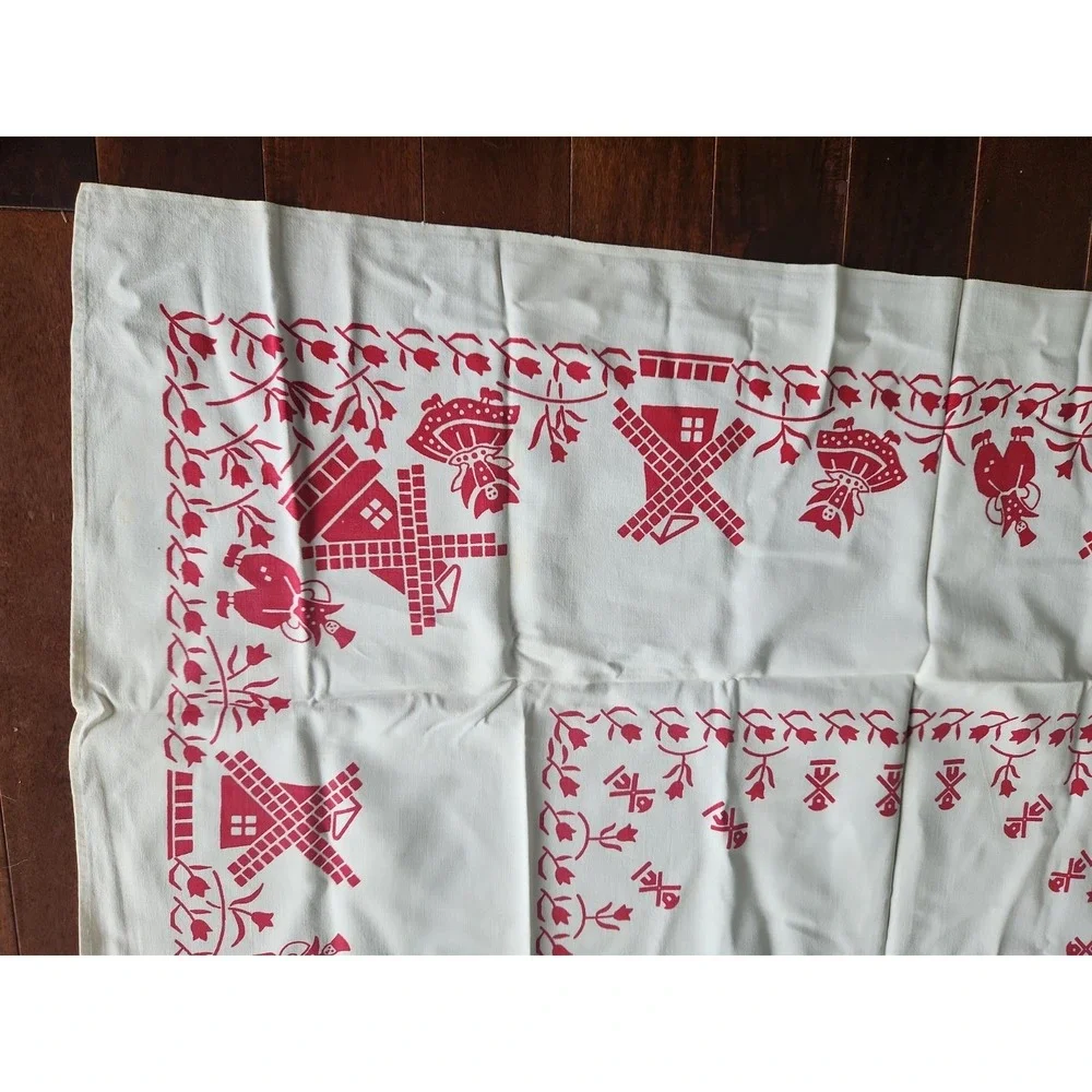 Vtg cotton printed tablecloth red dutch girl boy windmill tulip floral 47 x 46.5
